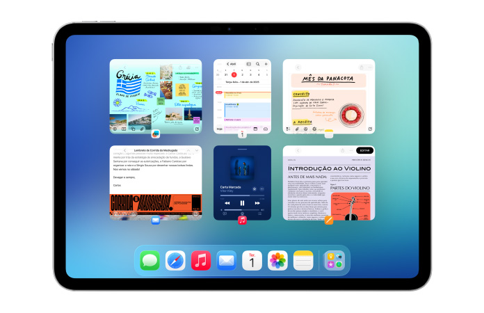 iPad na horizontal mostrando seis janelas abertas em duas linhas, incluindo os apps Calendário, Notas, Música e Safari