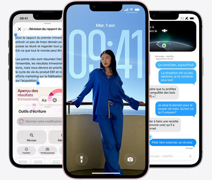 Trois iPhone dix-sept-e, face avant, capture d’écran montrant les outils d’écriture en cours d’utilisation, écran verrouillé affichant la photo d’une personne, et app Messages envoyant des messages par satellite