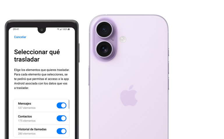 Un dispositivo al lado del otro, pantalla de un teléfono Android que muestra la app Trasladar a iOS, iPhone 17, parte trasera, sistema avanzado de dos cámaras en la esquina superior izquierda