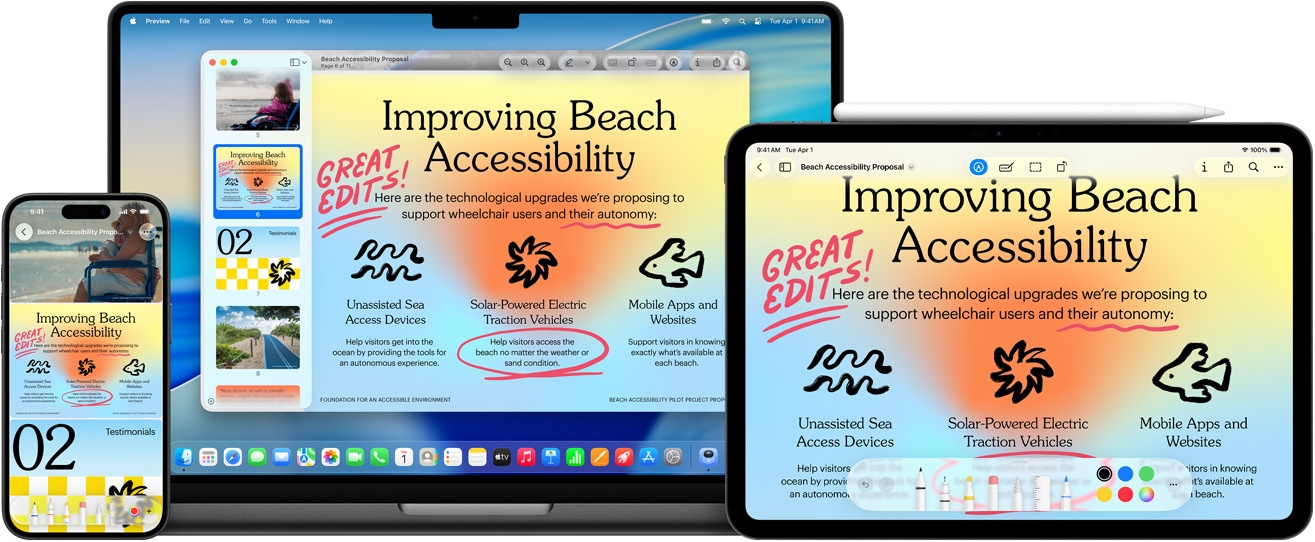 Několik zařízení Apple, stejný obrázek na všech zařízeních, na iPadu byly do obrázku doplněny anotace Apple Pencilem, anotace se projeví i na ostatních zařízeních