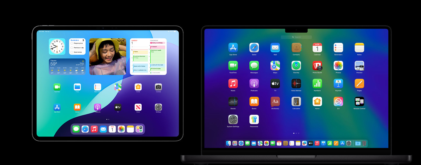 Un iPad et un Mac avec plusieurs icônes d’apps à l’écran. On voit sur l’écran de l’iPad des widgets, dont ceux des apps Calendrier, Météo et Photos.