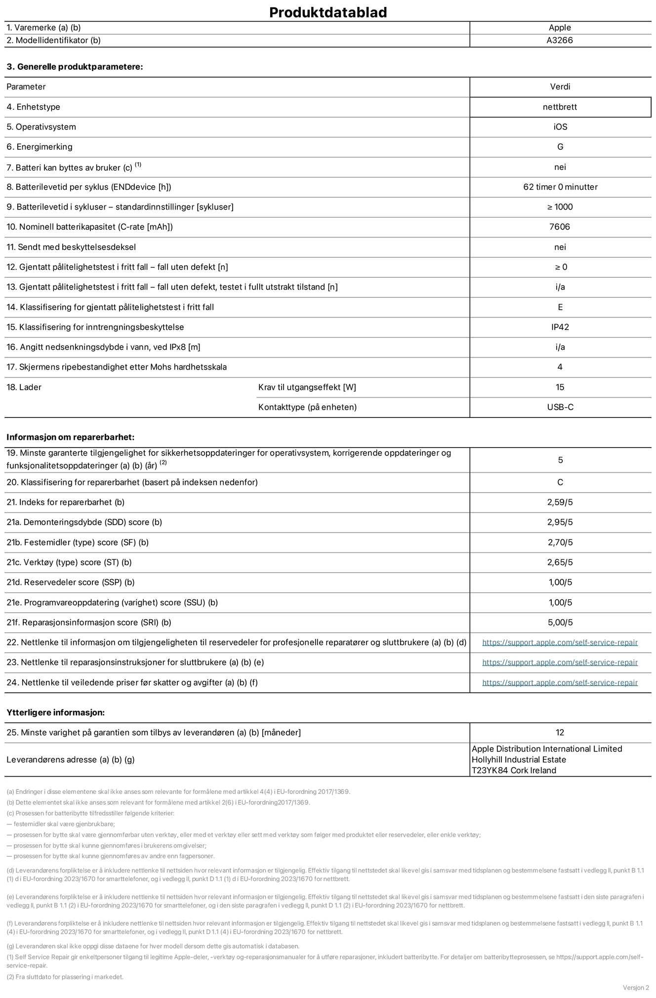Produktdatablad for 11-tommers iPad Air Wi‑Fi – modell A3266. Levert av Apple UK Ltd, 100 New Bridge Street, London EC4V 6JA. Enhetstype: nettbrett. Operativsystem: iOS. Energieffektivitetsklasse for standard dynamisk omfang: G. Batteriets holdbarhet: 62 timer. Batteriets holdbarhet i antall ladesykluser: ≥ 1000. Nominell batterikapasitet: 7606 mAh. Holdbarhetstest ved gjentatte fall – antall fall uten feil: ≥ 0. Holdbarhetsklasse ved gjentatte fall: E. Kapslingsgrad: IP42. Skjermens ripefasthet på Mohs skala: 4. Krav til laderens utgangseffekt: 15 watt. Laderens stikkontakt: USB-C. Minstegaranti for tilgang på sikkerhetsoppdateringer, feilrettinger og funksjonsoppdateringer til operativsystemet: 5 år. Reparerbarhetsklasse: C. Reparerbarhetsindeks: 2,59/5. Demontering: 2,95/5. Festeanordninger (type): 2,70/5. Verktøy: 2,65/5. Reservedeler: 1,00/5. Programvareoppdateringer: 1,00/5. Informasjon om reparasjon: 5,00/5. Lenke til informasjon om tilgjengelighet for reservedeler for profesjonelle reparatører og sluttbrukere: https://support.apple.com/self-service-repair. Lenke til reparasjonsveiledning for sluttbrukere: https://support.apple.com/self-service-repair. Lenke til veiledende priser ekskl. mva: https://support.apple.com/self-service-repair. Produktet omfattes av en 12-måneders generell garanti.
