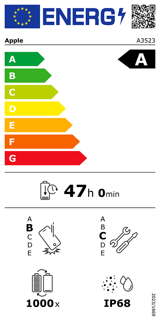 Étiquette énergie de l’UE, code QR et informations, modèle Apple A3523, classe A, classes d’efficacité énergétique (échelle allant de A à G), A (la plus élevée) à G (la plus basse), endurance de la batterie en cycles, 47 heures et 0 minute par charge complète de la batterie, résistance aux chutes libres répétées de classe B, A (plus résistante) à E (moins résistante), réparabilité de classe C, A (plus réparable) à E (moins réparable), endurance de la batterie de 1 000 cycles, indice de protection IP68 pour la poussière et l’eau, règlement 2023/1669.
