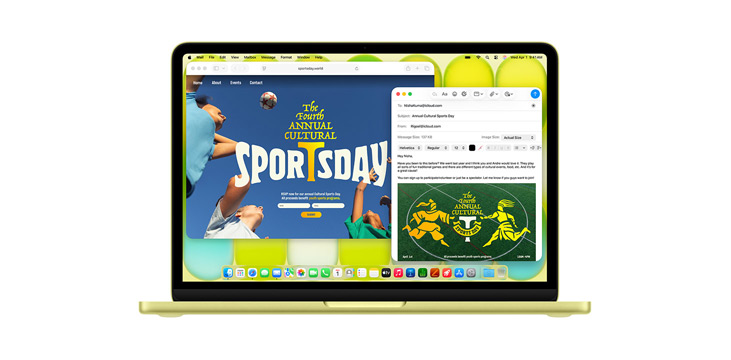 Démonstration d’apps comme Microsoft PowerPoint, Messages et Pages sur un MacBook Pro 14″.