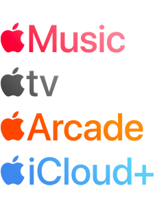 Liste des services Apple : Apple Music, Apple Fitness Plus, Apple TV, Apple Arcade et Apple iCloud Plus