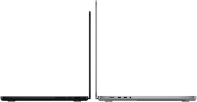 Vienas šalia kito pateikti 14 ir 16 colių „MacBook Pro“, parodantys dydžio skirtumą ir pabrėžiantys siaurą profilį