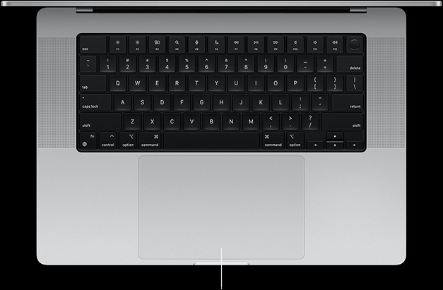 16 colių „MacBook Pro“ su „Force Touch“ manipuliatoriumi po klaviatūra vaizdas iš viršaus