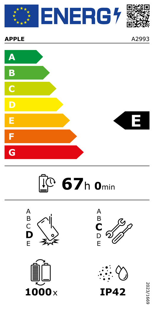 ES energomarķējuma QR kods un informācija, Apple modelis A2993, E klase, energoefektivitātes klases (sistēmā no A līdz G), no A (visefektīvākā) līdz G (visneefektīvākā), akumulatora izturība vienā ciklā, 67 stundas un 0 minūtes ar pilnībā uzlādētu akumulatoru, vairākkārtējas kritienizturības klase: D, no A (visizturīgākā) līdz E (visneizturīgākā), remontējamības klase: C, no A (visremontējamākā) līdz E (visneremontējamakā), akumulatora cikliskā izturība: 1000, korpusa aizsargātības pret putekļiem un ūdeni pakāpe (IP) IP42, Regula 2023/1669