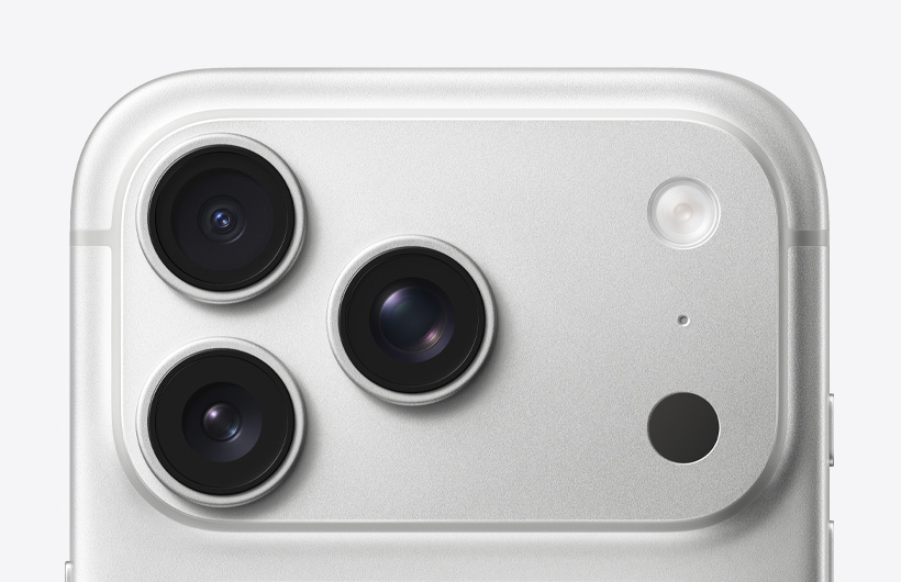 iPhone 17 Pro, argent, face arrière, système caméra Pro, trois objectifs, microphone, flash