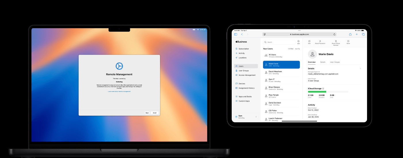 Un Mac, un iPhone et un iPad affichant un écran de gestion des ressources.
