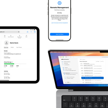 iPad, iPhone og MacBook viser ulike deler av Apple Business Manager.