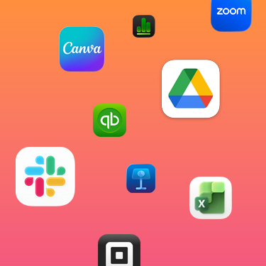 Ikon aplikasi produktivitas termasuk Slack, Canva, Google Workspace, Zoom, Quickbooks, Keynote, Excel, Square, dan Numbers dengan latar belakang penuh warna.