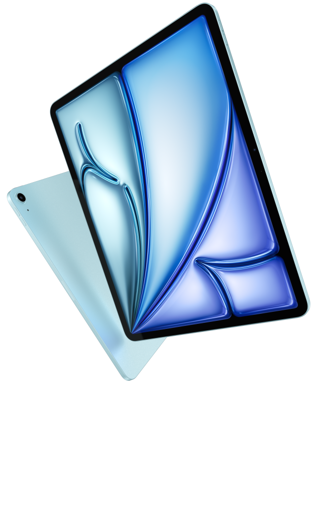 صورة للجانبين الأمامي والخلفي الخارجيين من جهاز iPad Air تعرض تصميمه النحيف