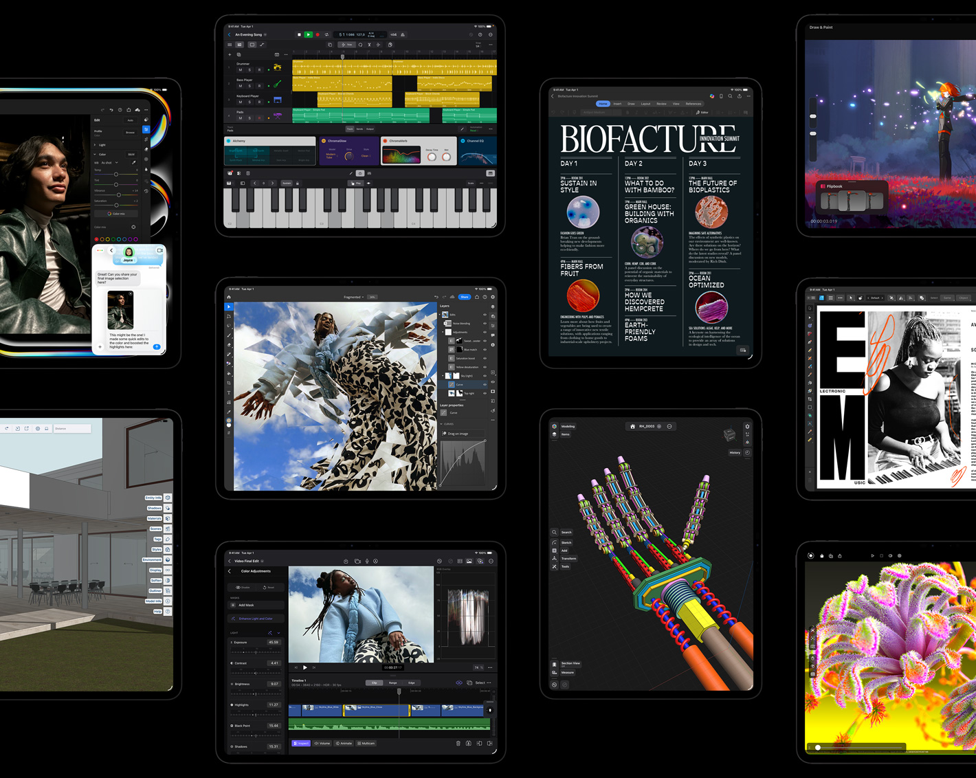 Plusieurs écrans d’iPad Pro affichant des projets créatifs ouverts dans des apps d’iPadOS, notamment Logic Pro, Adobe Lightroom, Adobe Photoshop, Final Cut Pro, Trimble SketchUp, Microsoft Word, Procreate Dreams, Affinity Designer 2, Shapr3D, Octane X
