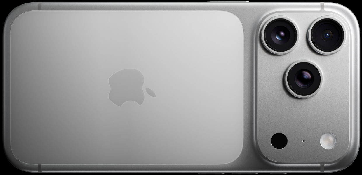 Ezüstszínű iPhone 17 Pro hátulnézetből a Pro kamerarendszer 3 lencséjével, mellettük mikrofonnal és vakuval