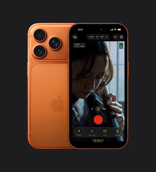 Az iPhone 17 Pro kijelzője a ProRes RAW funkcióval egy csellózó nőről készült felvétel közben