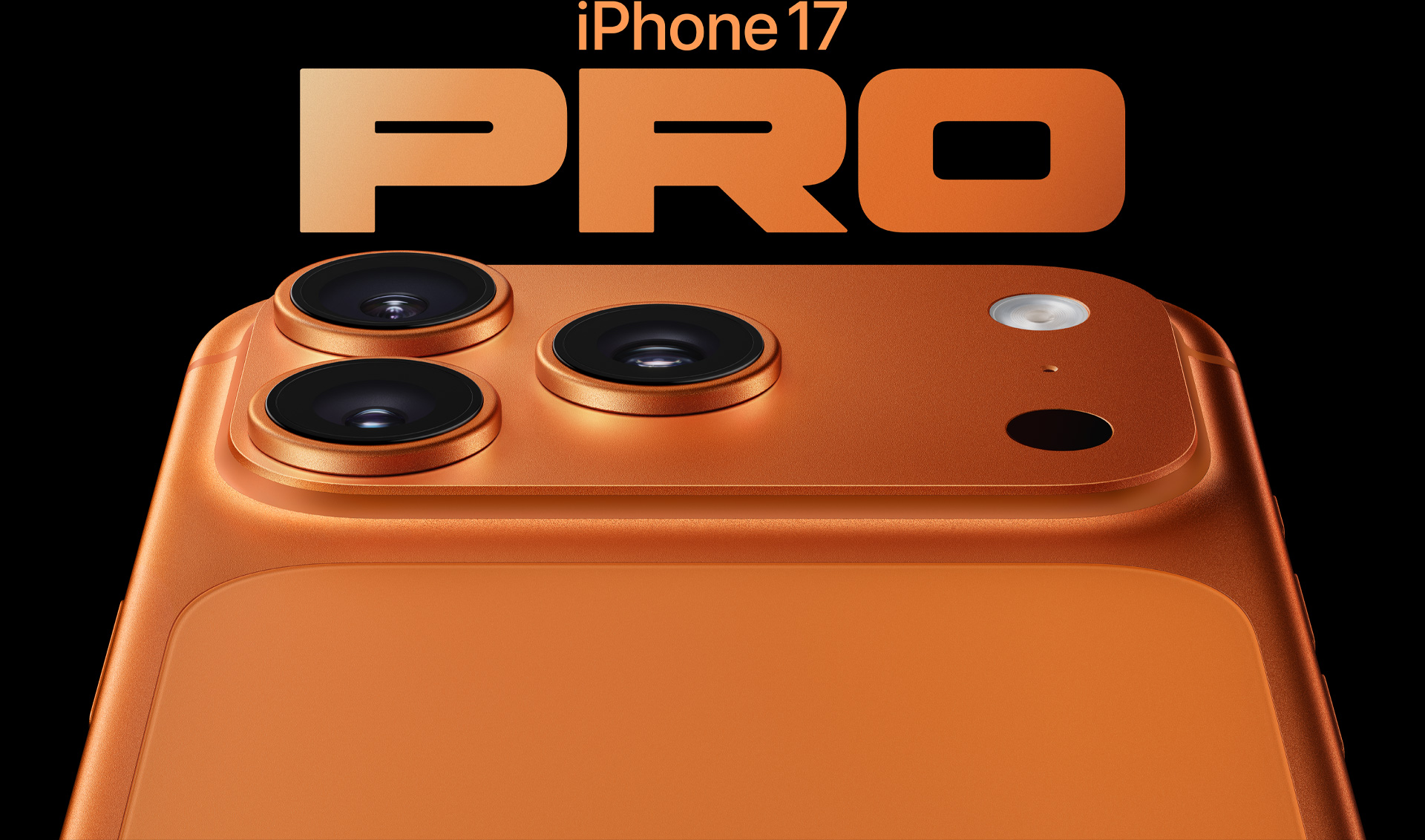 Kozmosznarancs iPhone 17 Pro részleges hátulnézetből, a bal felső sarokban a Pro kamerarendszer 3 lencséjével, mellettük mikrofonnal és vakuval