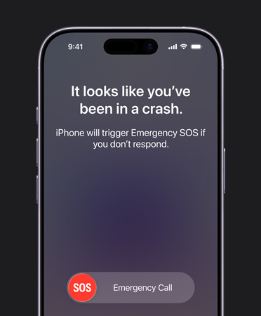 iPhone 17, pohled zepředu, zaoblené rohy, aktivovaná detekce autonehody