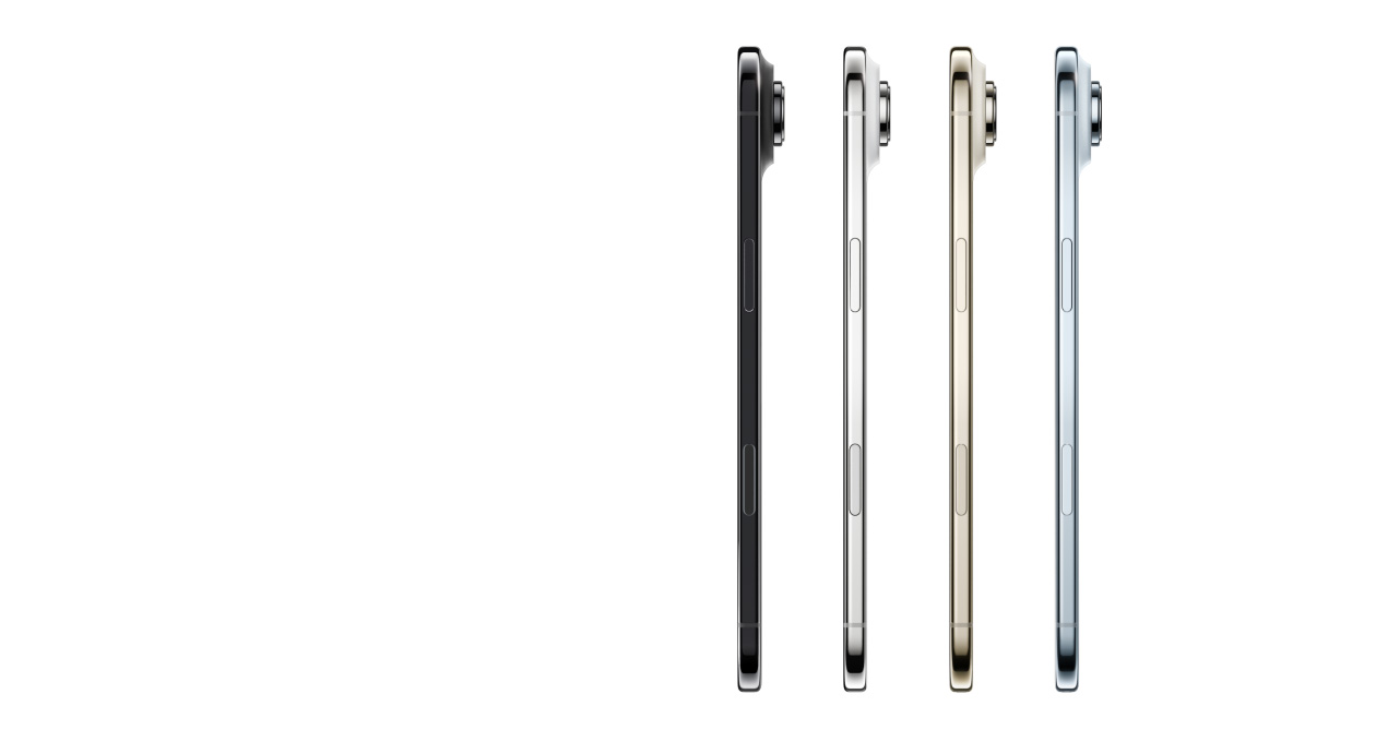 جهاز iPhone Air، الجزء الجانبي الخارجي، الألوان: أزرق سماوي، وذهبي فاتح، وأبيض سحابي، وأسود فلكي، تصميم نحيف للغاية، نظام كاميرا Fusion، الأزرار: الزر الجانبي، وزر التحكم في الكاميرا