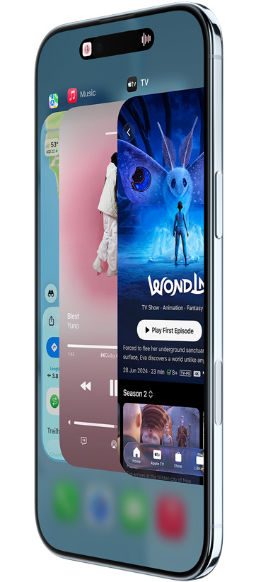 iPhone Air, pohled zepředu a z boku, rozprostřené aplikace Apple TV, Hudba a Mapy jako ukázka použití Přepínače aplikací