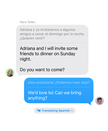 Traduction en direct dans Messages affichant le texte suivant: Adriana and I will invite some friends to dinner on Sunday night. Do you want to come, traduit automatiquement en espagnol