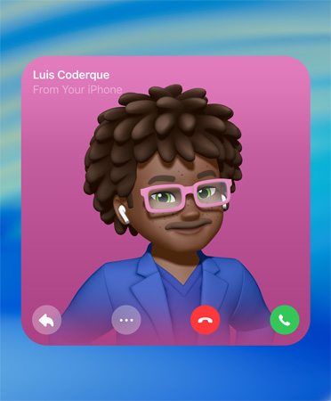 FaceTime-kontaktposzter, középen Genmojival, a bal felső sarokban a személy neve, alul pedig ikonok a válaszoláshoz, további lehetőségekhez, lerakáshoz és felvételhez