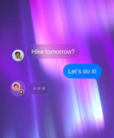 Conversation de groupe dans Messages, sur un fond abstrait rose, violet et bleu