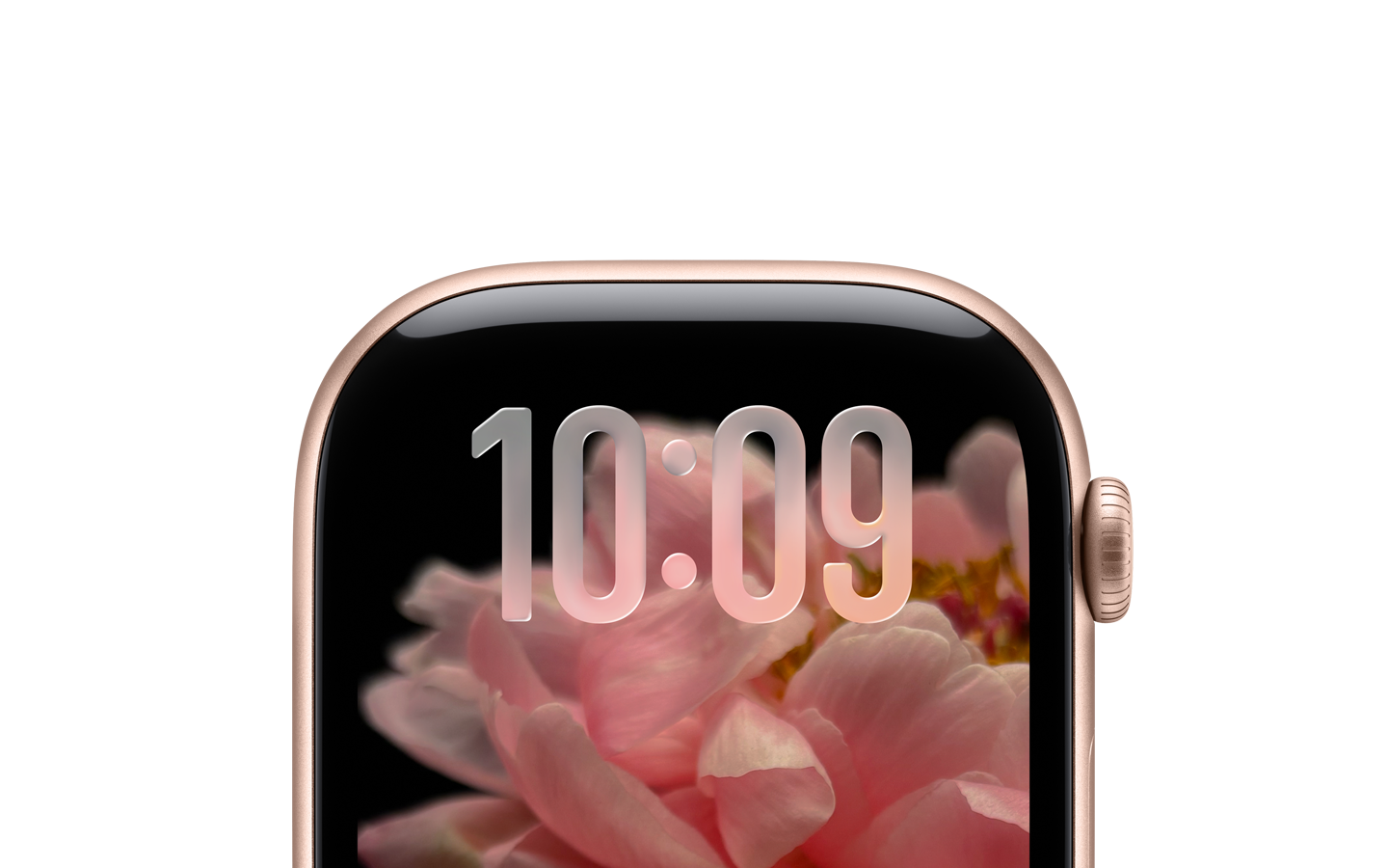 未有配襯錶帶的玫瑰金色 Apple Watch，僅看到錶面的上半部分，螢幕頂部展示半透明的 Liquid Glass 數字時鐘