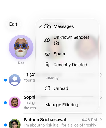 Die Nachrichten App mit der neuen Filterfunktion, die jetzt unbekannte Nummern in einen Abschnitt namens „Unbekannte Absender:innen“ sortiert.
