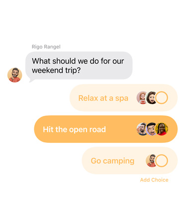 Umfragefunktion in Nachrichten mit Personen im Gruppenchat, die darüber abstimmen, wohin der Wochenendausflug gehen soll